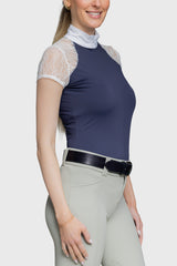 Navy & White Lace Cap Sleeve 1/4 Zip Show Shirt - [Kastel]