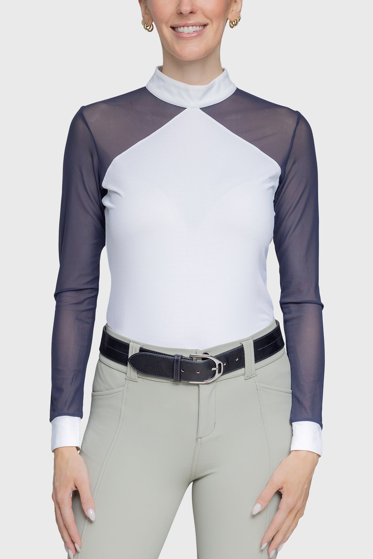 Elegant White & Navy Power Mesh Long Sleeve Show Shirt - [Kastel]