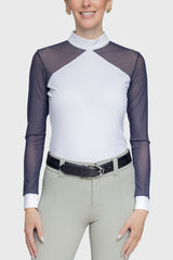 Elegant White & Navy Power Mesh Long Sleeve Show Shirt - [Kastel]