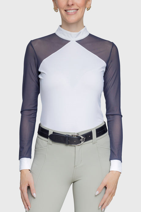 Elegant White & Navy Power Mesh Long Sleeve Show Shirt - [Kastel]
