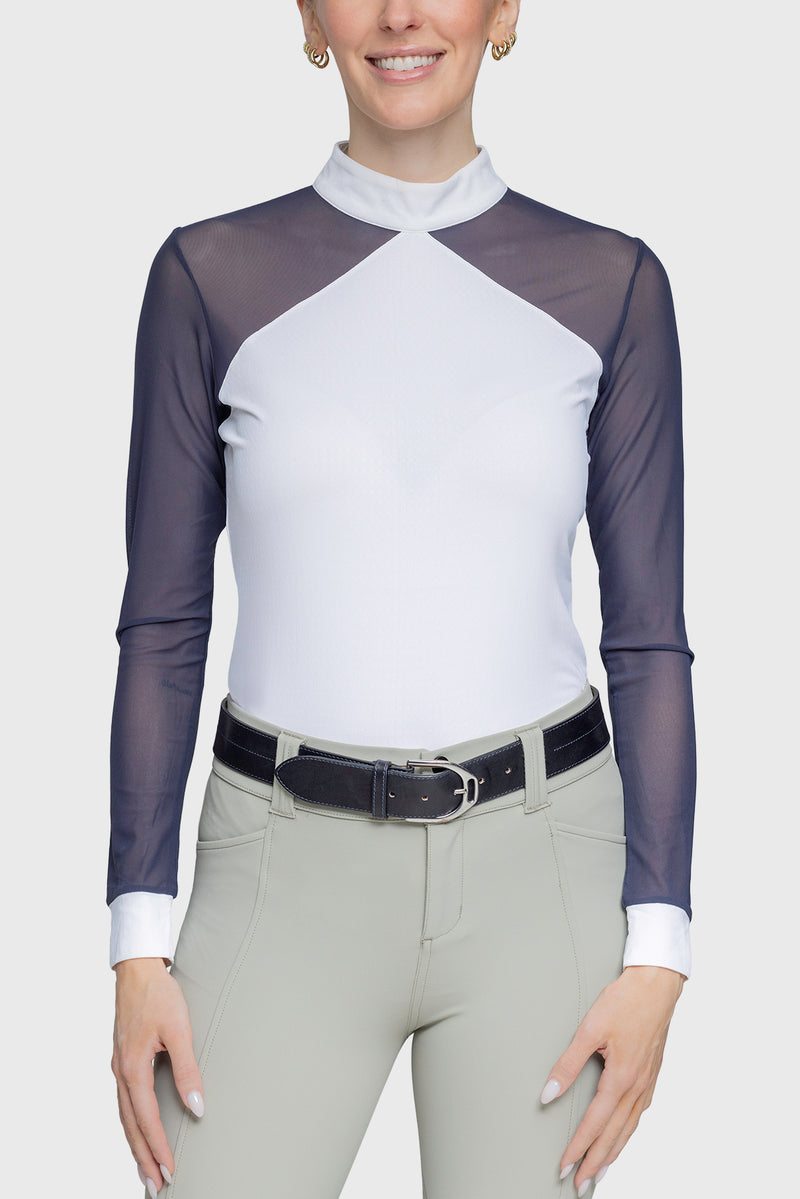 Elegant White & Navy Power Mesh Long Sleeve Show Shirt