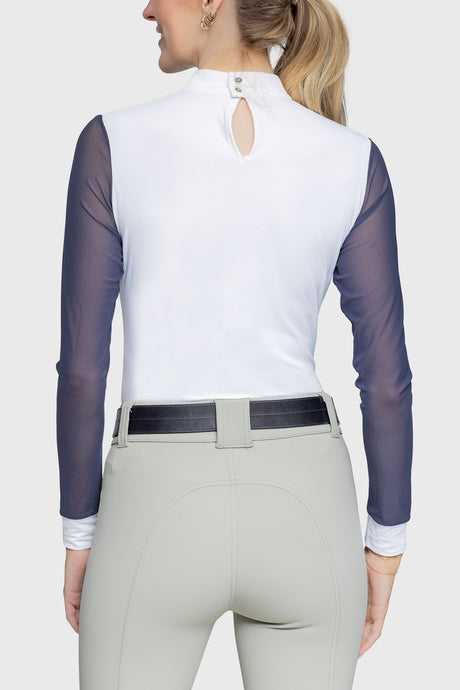 Elegant White & Navy Power Mesh Long Sleeve Show Shirt - [Kastel]