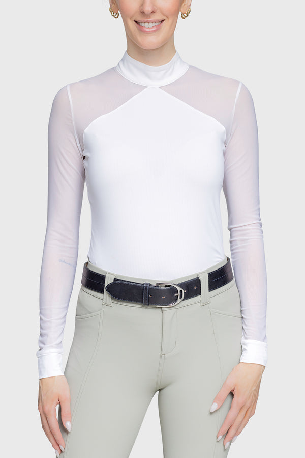 Elegant White Power Mesh Long Sleeve Show Shirt