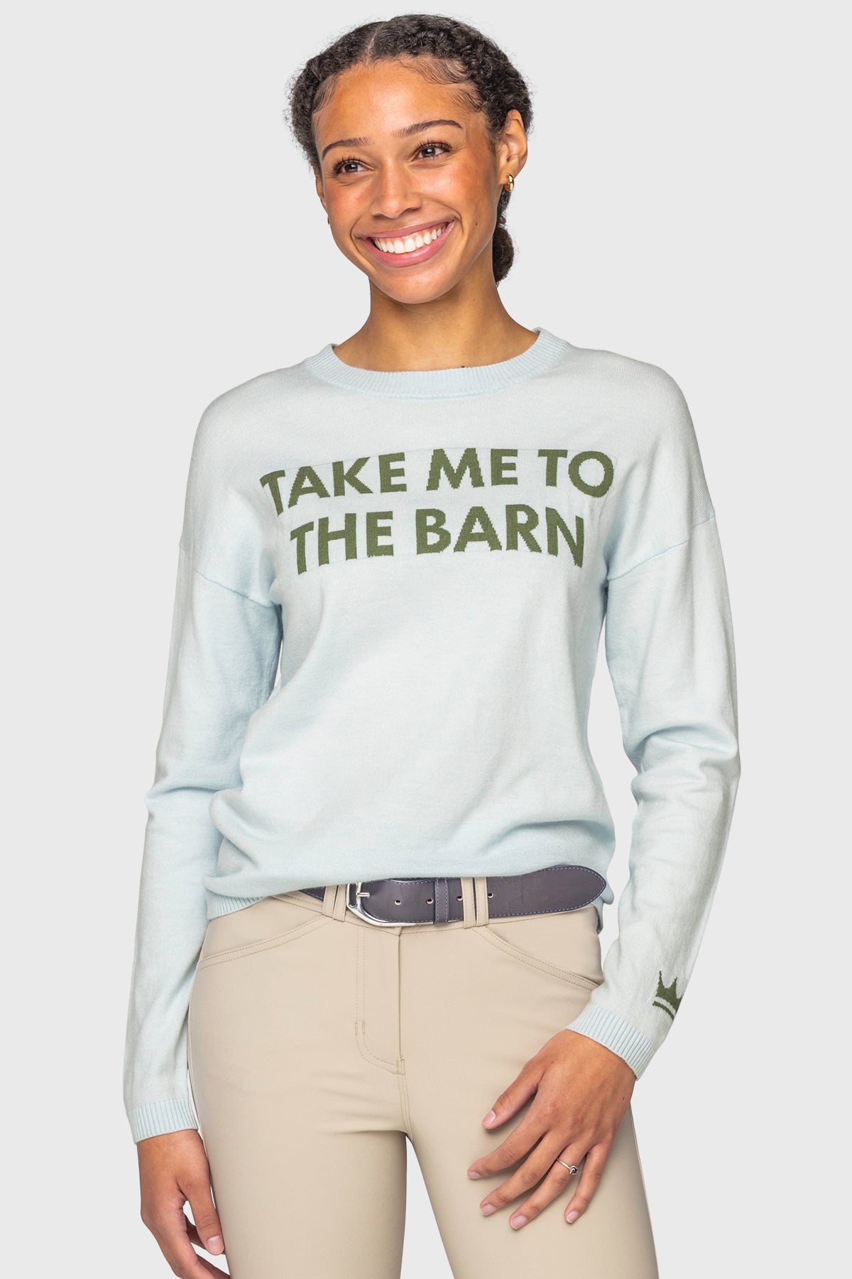 "Take Me To The Barn"  Long Sleeve Crewneck Sweater in Powder Blue & Foliage Green Kastel Denmark