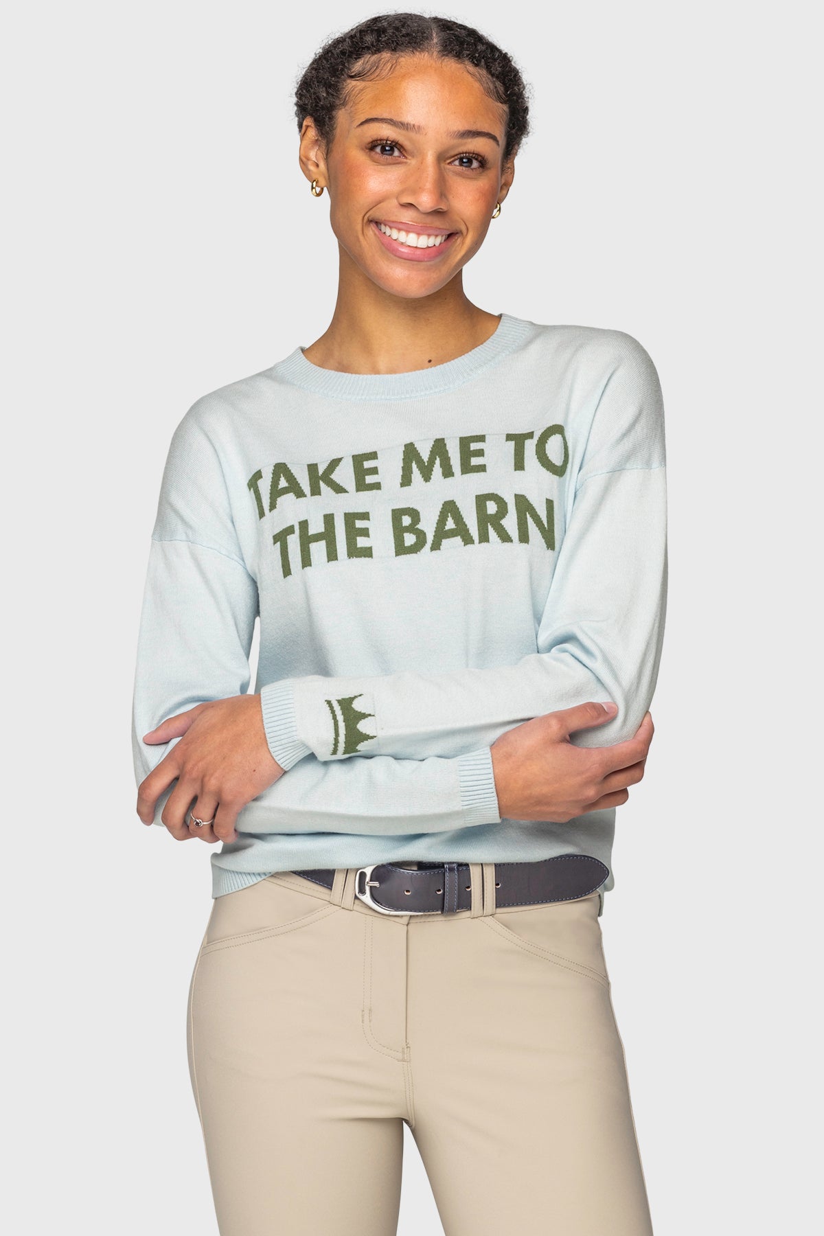 "Take Me To The Barn"  Long Sleeve Crewneck Sweater in Powder Blue & Foliage Green Kastel Denmark