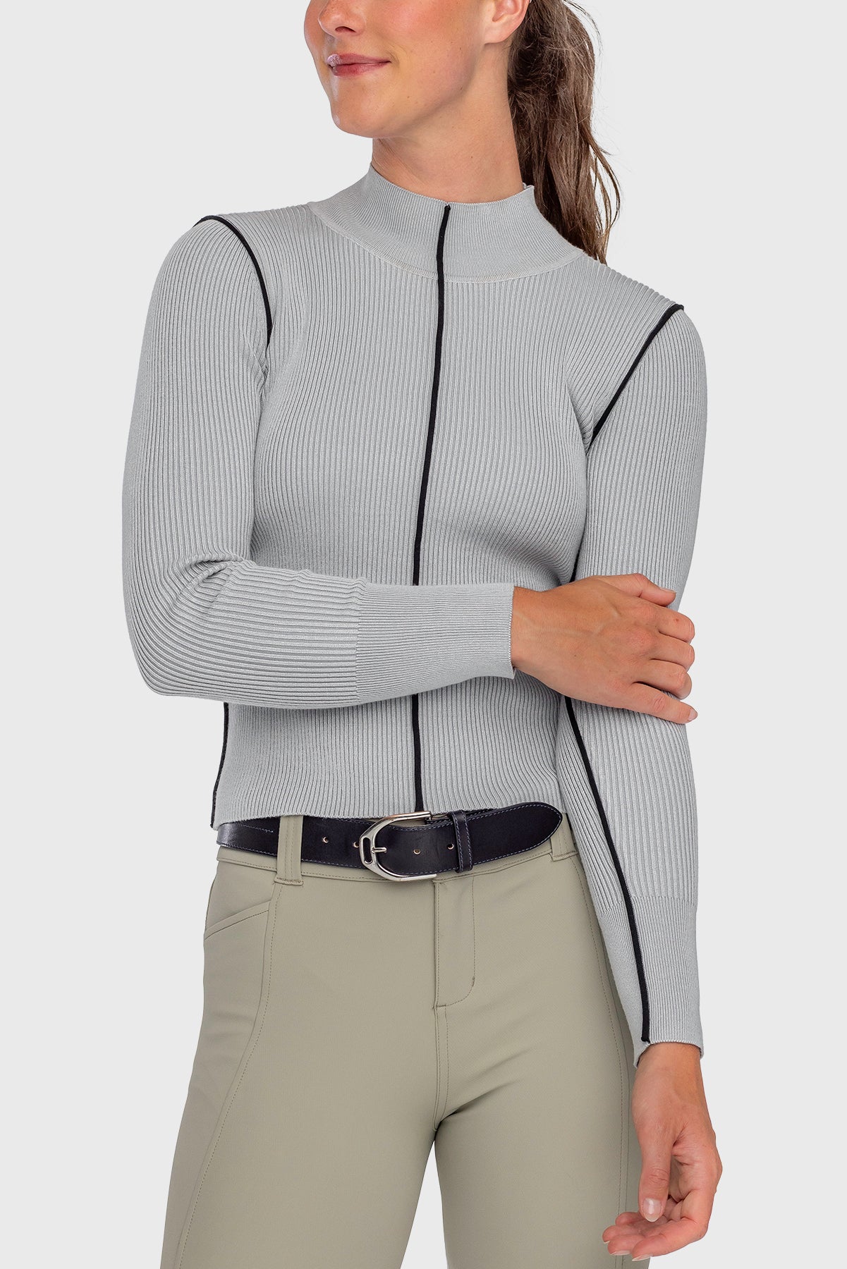 Dove Gray Ribbed Mock Neck Sweater with Black Piping - [Kastel]