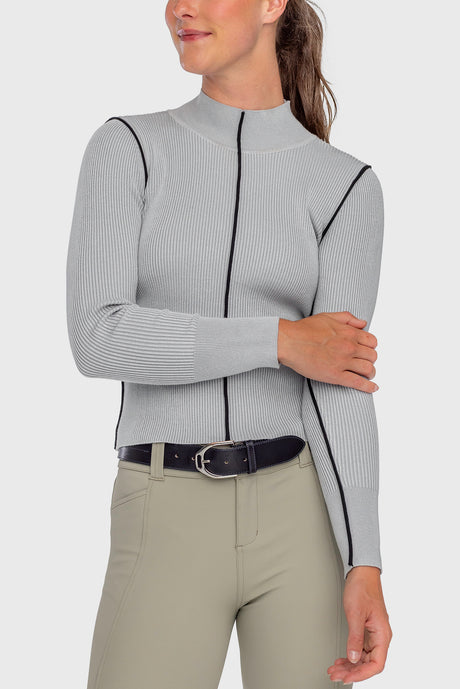 Dove Gray Ribbed Mock Neck Sweater with Black Piping - [Kastel]