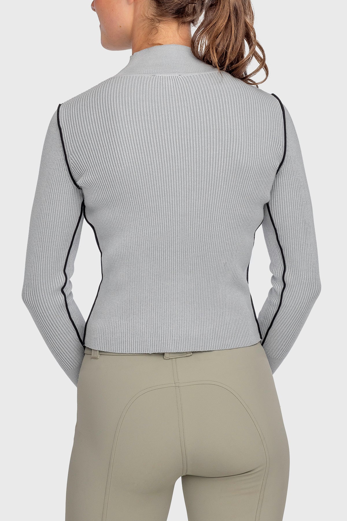 Dove Gray Ribbed Mock Neck Sweater with Black Piping - [Kastel]