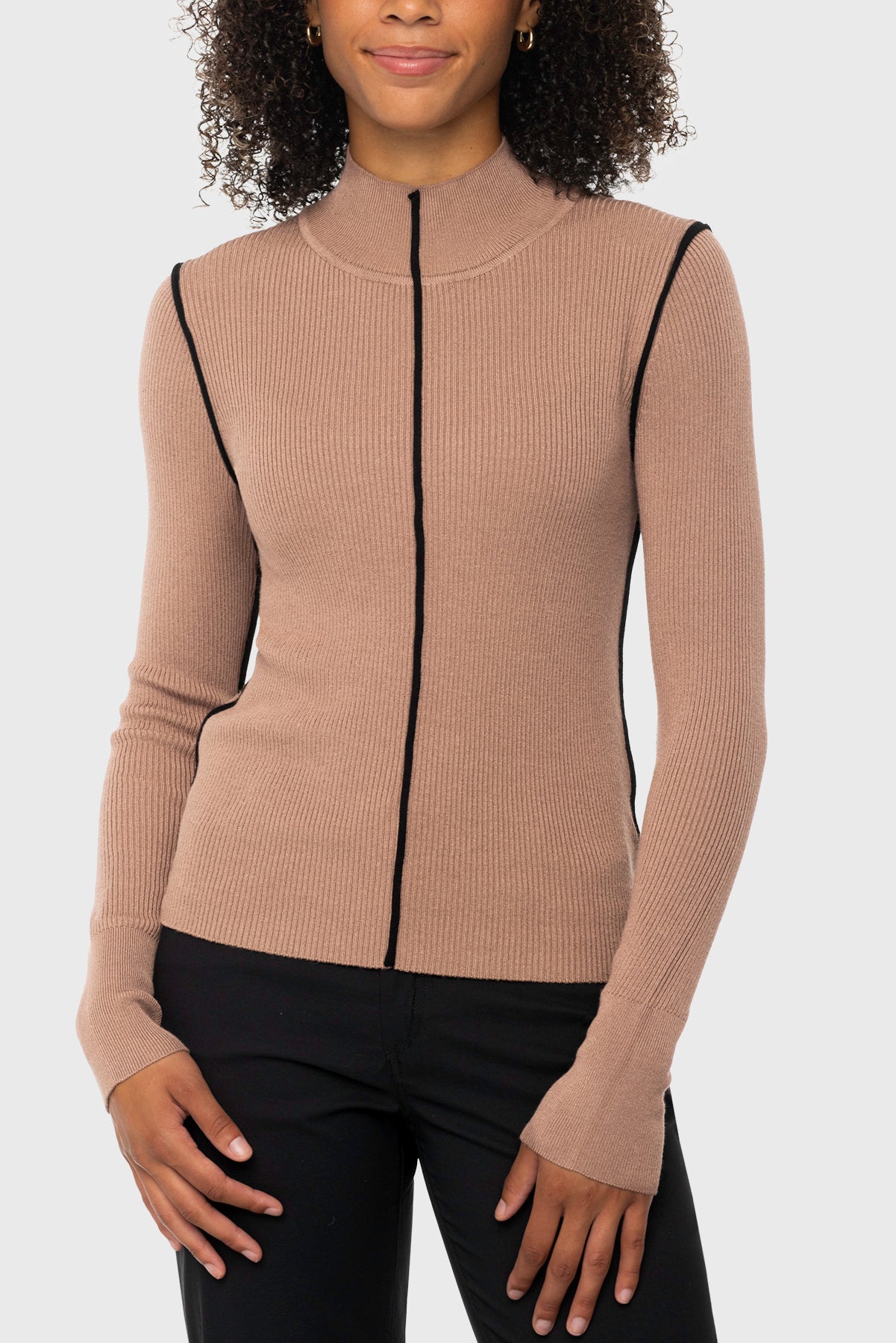 Chocolate Brown Mock Neck Ribbed Sweater w/Black Piping Kastel Denmark US