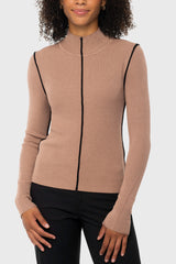 Chocolate Brown Mock Neck Ribbed Sweater w/Black Piping Kastel Denmark US