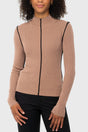 Chocolate Brown Mock Neck Ribbed Sweater w/Black Piping Kastel Denmark US