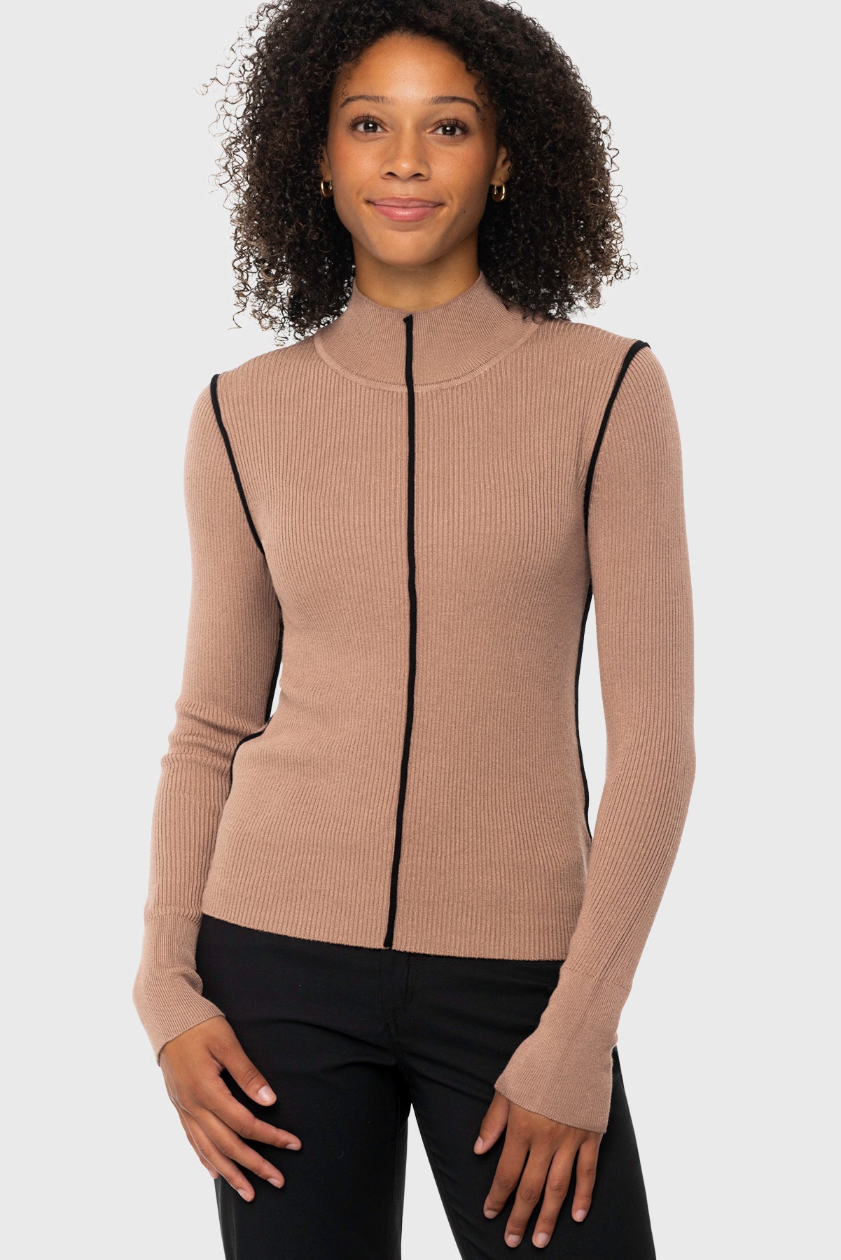 Chocolate Brown Mock Neck Ribbed Sweater w/Black Piping Kastel Denmark US