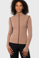 Chocolate Brown Mock Neck Ribbed Sweater w/Black Piping Kastel Denmark US