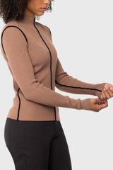 Chocolate Brown Mock Neck Ribbed Sweater w/Black Piping Kastel Denmark US