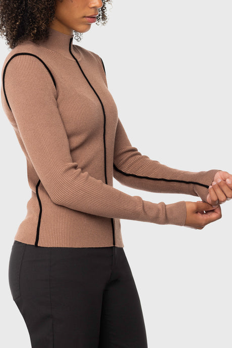 Chocolate Brown Mock Neck Ribbed Sweater w/Black Piping Kastel Denmark US