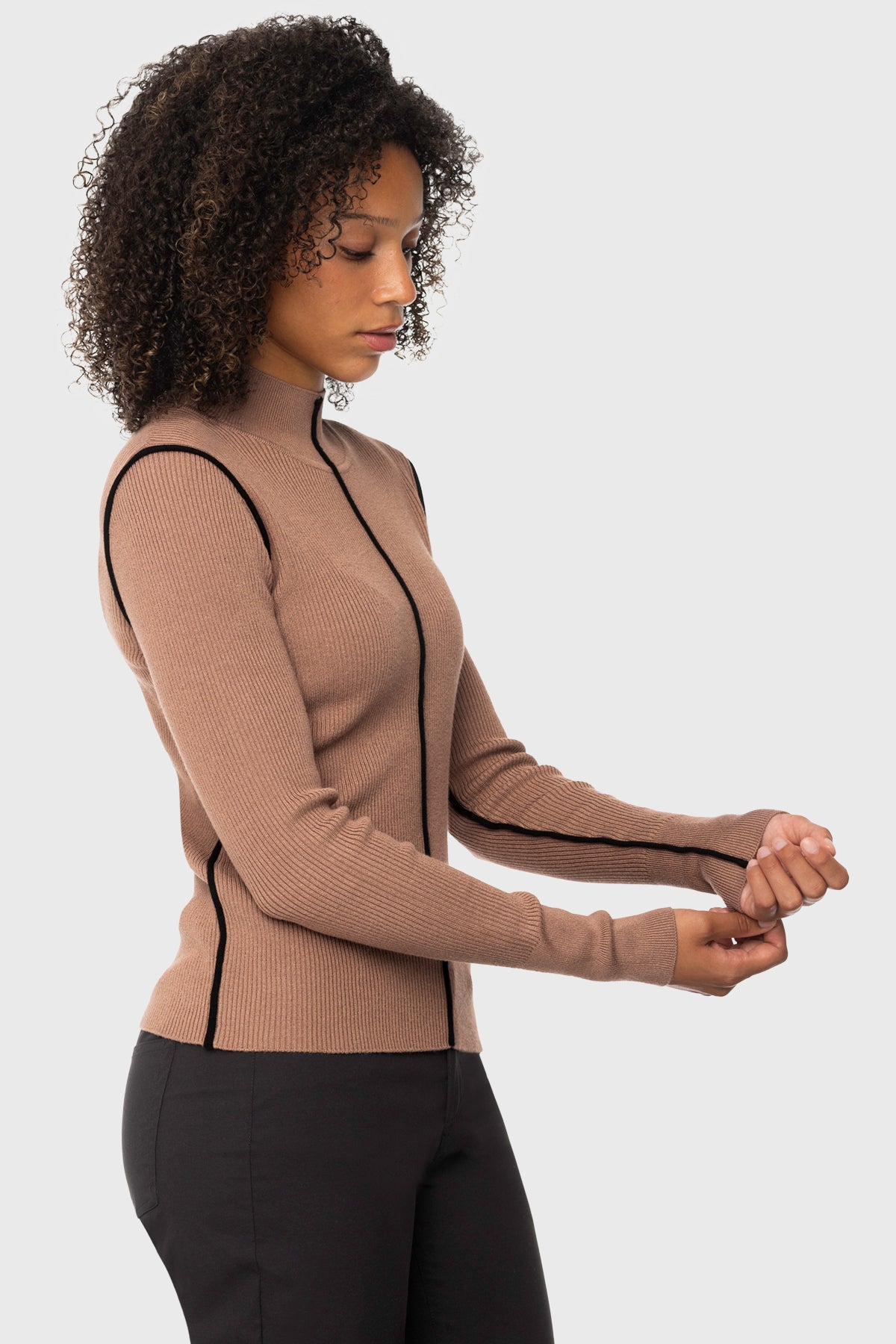 Chocolate Brown Mock Neck Ribbed Sweater w/Black Piping Kastel Denmark US