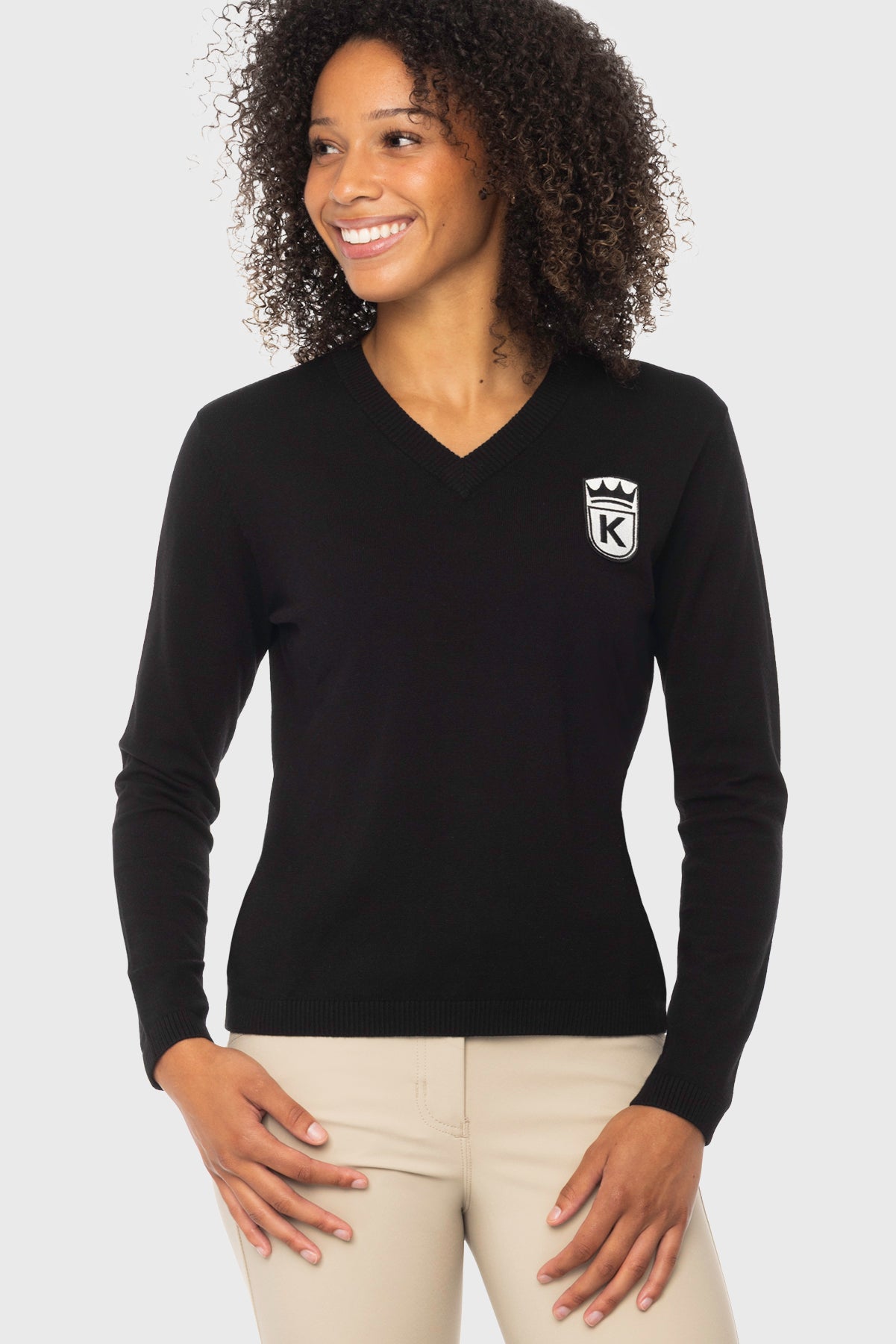 Black V-neck Sweater w/Gardenia & Black Patch Kastel Denmark US