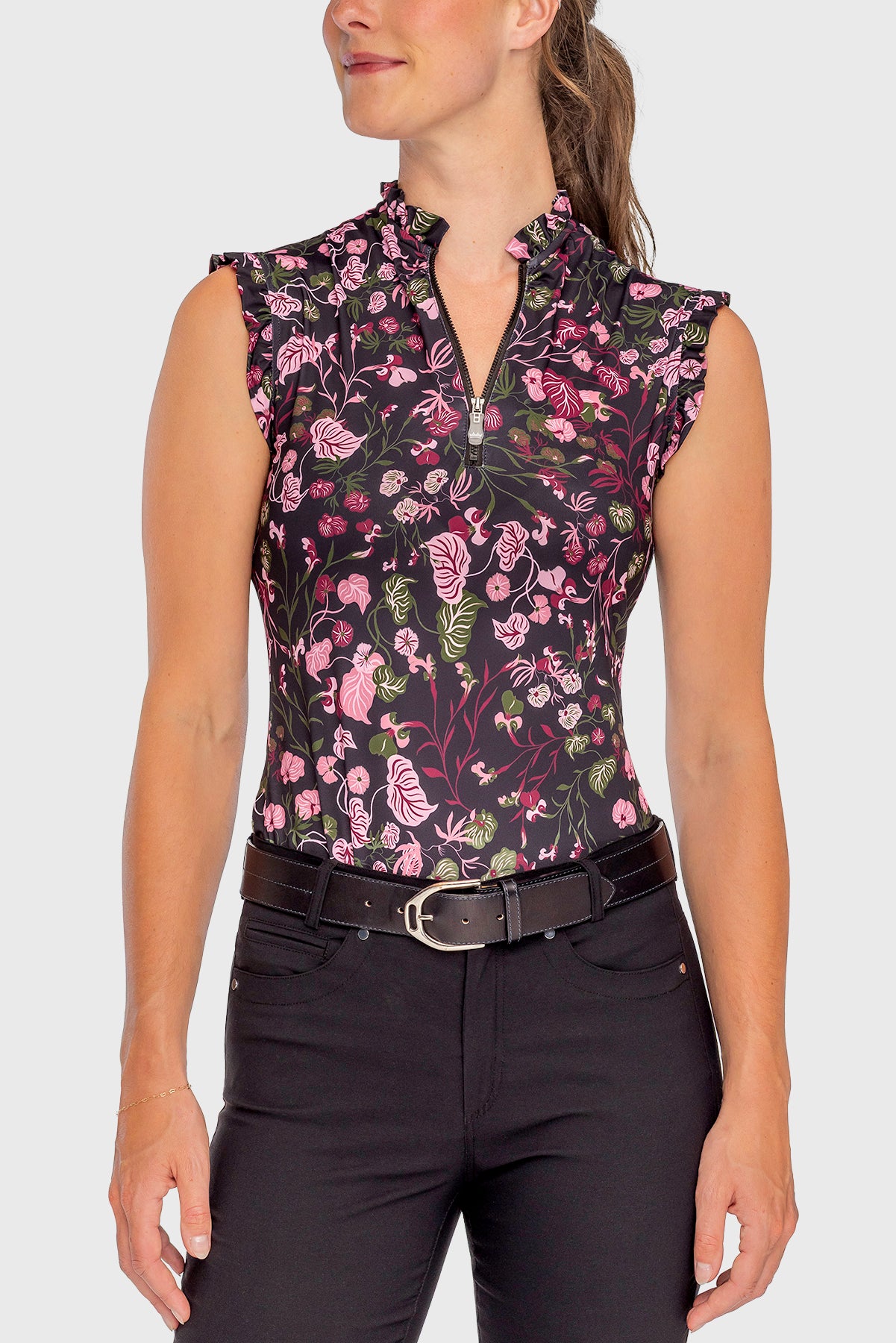 Black Modern Begonia Ruffle Tank 1/4 Zip Sun Shirt - [Kastel]