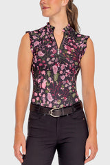 Black Modern Begonia Ruffle Tank 1/4 Zip Sun Shirt - [Kastel]