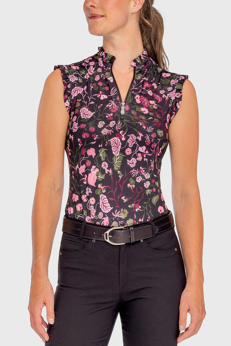 Black Modern Begonia Ruffle Tank 1/4 Zip Sun Shirt - [Kastel]