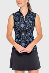 Sleeveless French Blue Regal Palm Ruched Back 1/4 Zip Sun Shirt - [Kastel]