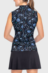 Sleeveless French Blue Regal Palm Ruched Back 1/4 Zip Sun Shirt - [Kastel]