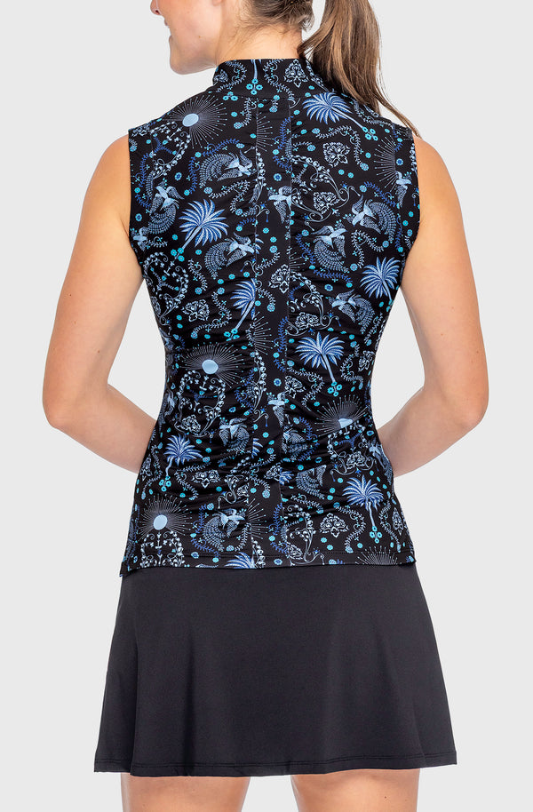 Sleeveless French Blue Regal Palm Ruched Back 1/4 Zip Sun Shirt - [Kastel]