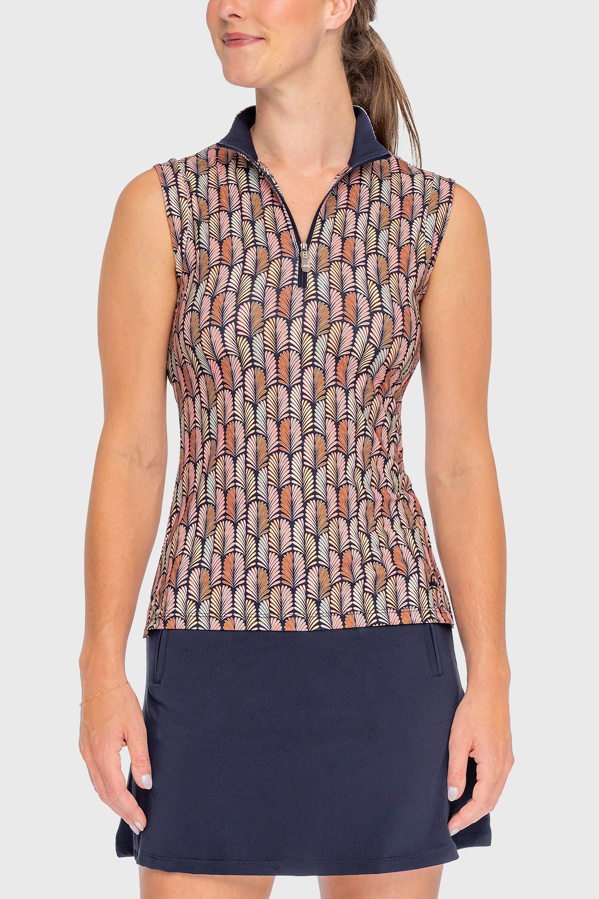 Sleeveless Ruched Back Navy Plumes 1/4 Zip Sun Shirt - [Kastel]