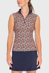 Sleeveless Ruched Back Navy Plumes 1/4 Zip Sun Shirt - [Kastel]