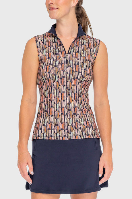 Sleeveless Ruched Back Navy Plumes 1/4 Zip Sun Shirt - [Kastel]