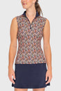 Sleeveless Ruched Back Navy Plumes 1/4 Zip Sun Shirt - [Kastel]