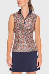 Sleeveless Ruched Back Navy Plumes 1/4 Zip Sun Shirt - [Kastel]