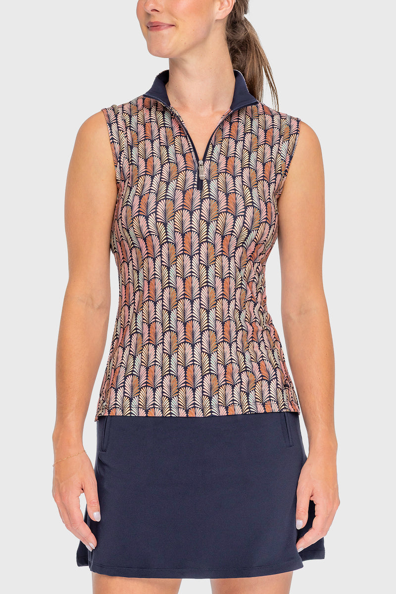 Sleeveless Ruched Back Navy Plumes 1/4 Zip Sun Shirt - [Kastel]