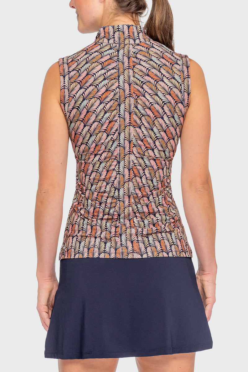 Sleeveless Ruched Back Navy Plumes 1/4 Zip Sun Shirt - [Kastel]