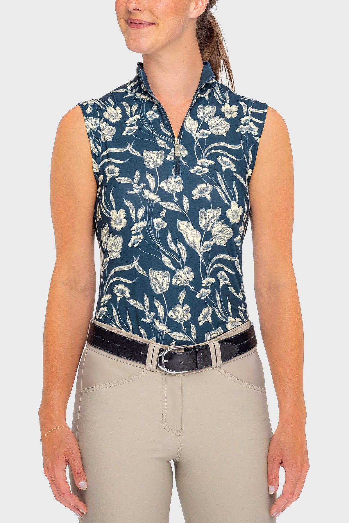 Sailor Blue French Tulip Ruched Back Sleeveless 1/4 Zip Sun Shirt - [Kastel]