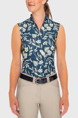 Sailor Blue French Tulip Ruched Back Sleeveless 1/4 Zip Sun Shirt - [Kastel]