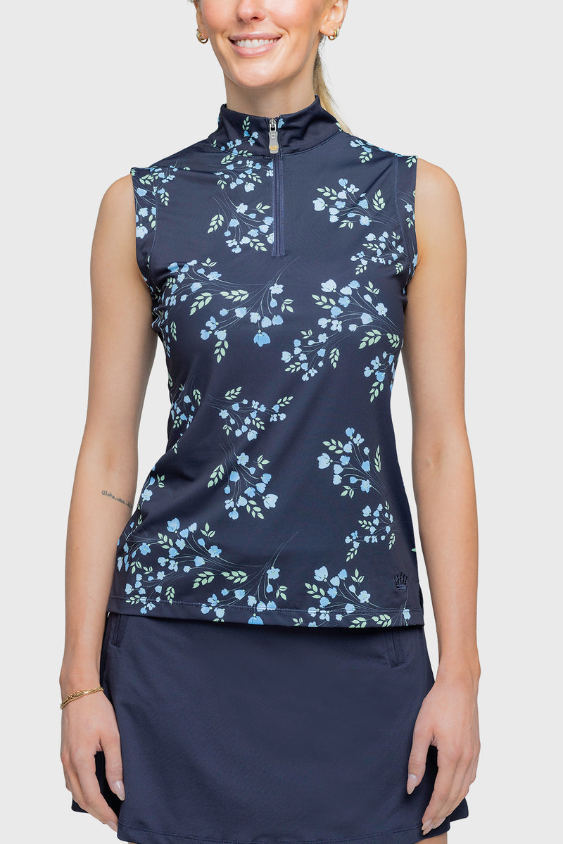 Sleeveless Ruched Back Navy Rosebud 1/4 Zip