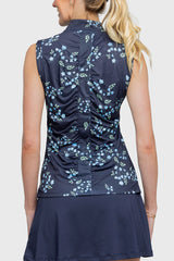 Sleeveless Ruched Back Navy Rosebud 1/4 Zip - [Kastel]