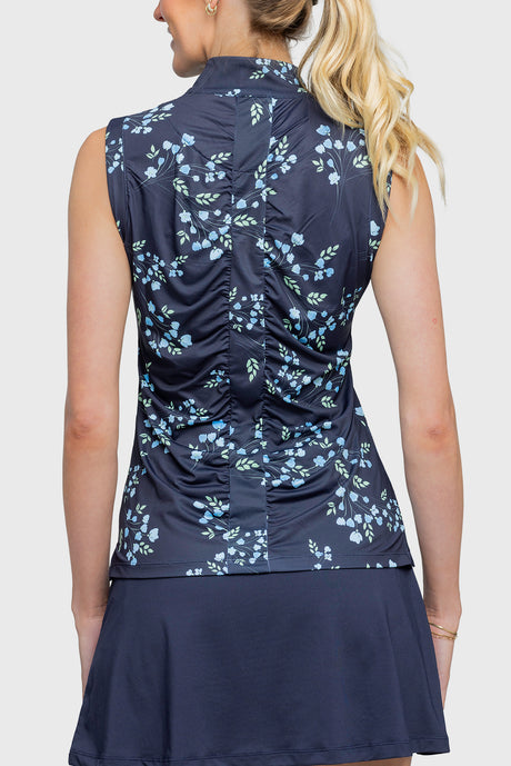Sleeveless Ruched Back Navy Rosebud 1/4 Zip - [Kastel]