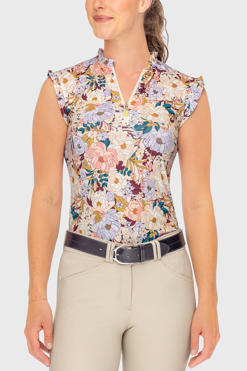 Champagne Blooming Peonies Ruffle 1/4 Zip Tank