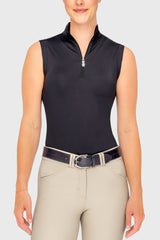 Black Solid Sleeveless Ruched Back 1/4 Zip Tank