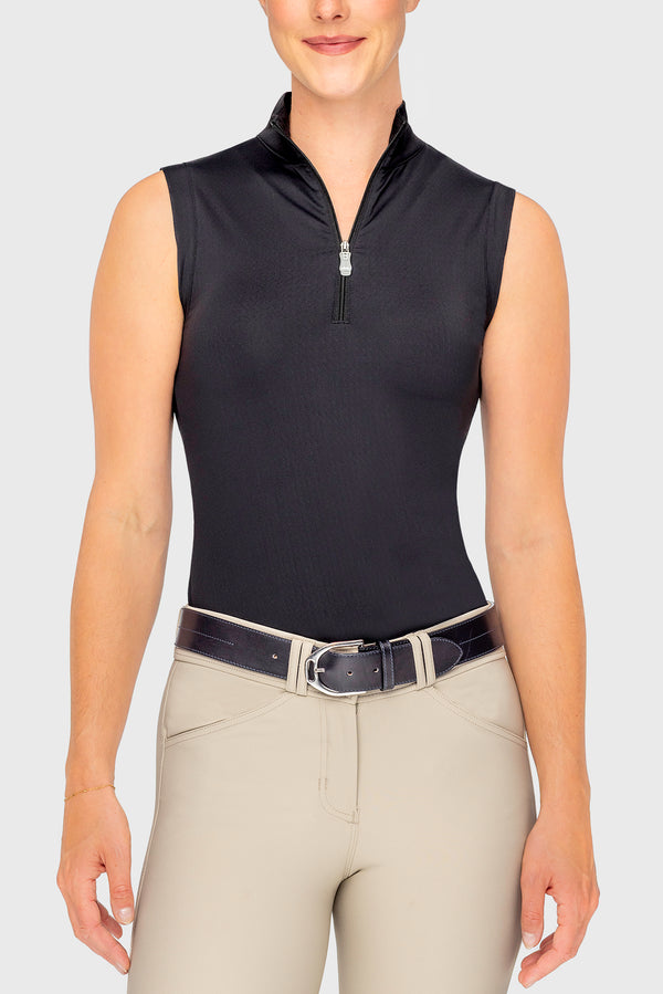 Black Solid Sleeveless Ruched Back 1/4 Zip Tank