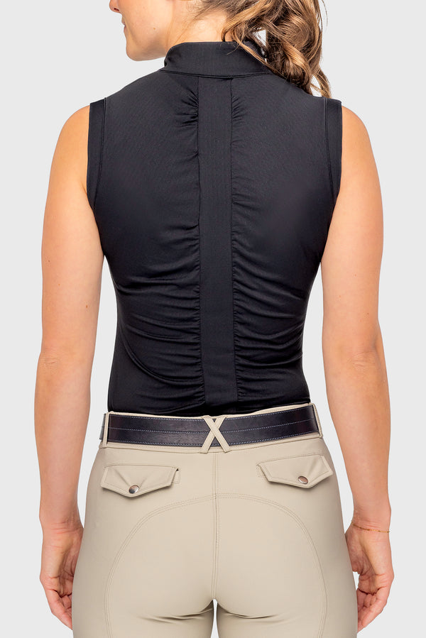 Black Solid Sleeveless Ruched Back 1/4 Zip Tank