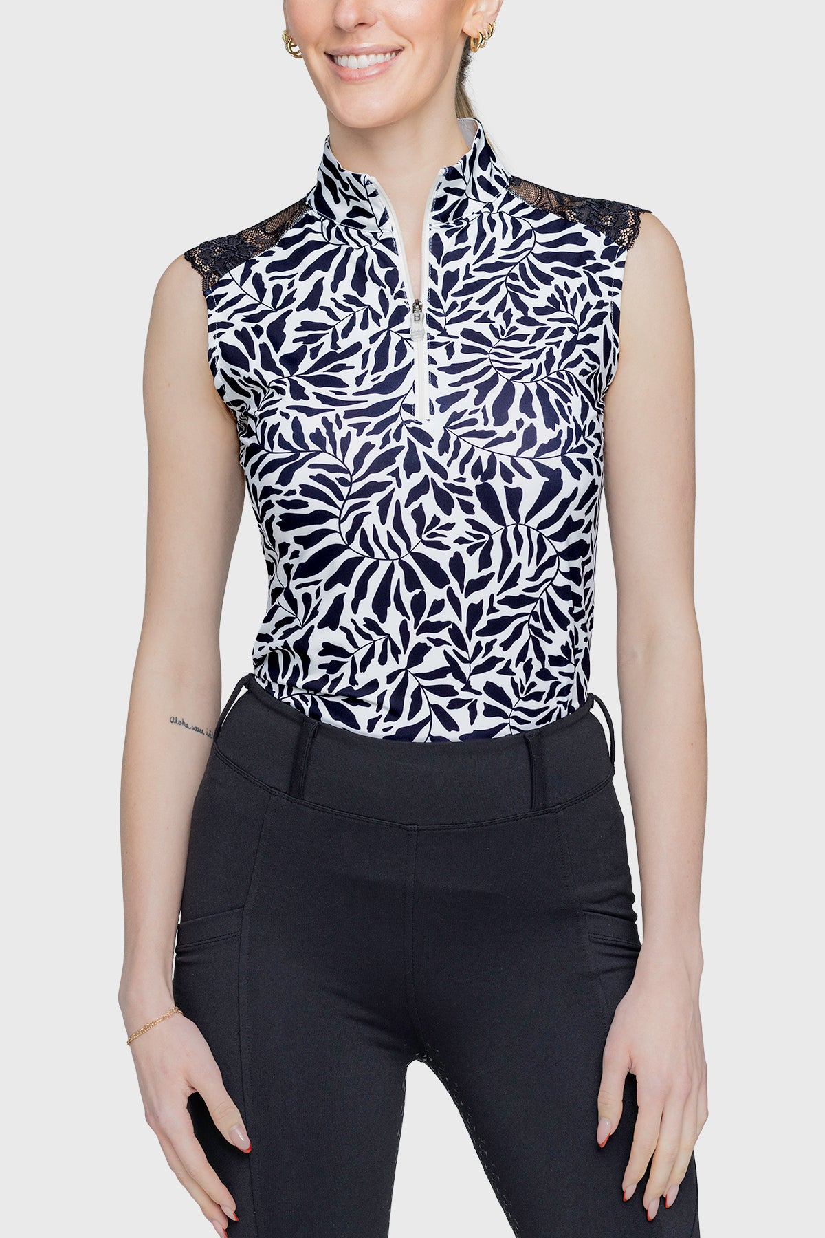 Black & White Climbing Vine Lace Shoulder Sleeveless Top - [Kastel]