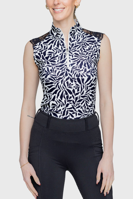 Black & White Climbing Vine Lace Shoulder Sleeveless Top - [Kastel]