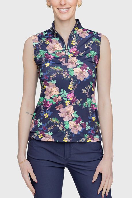 Ruched Back Lush Garden 1/4 Zip Sleeveless Top - [Kastel]