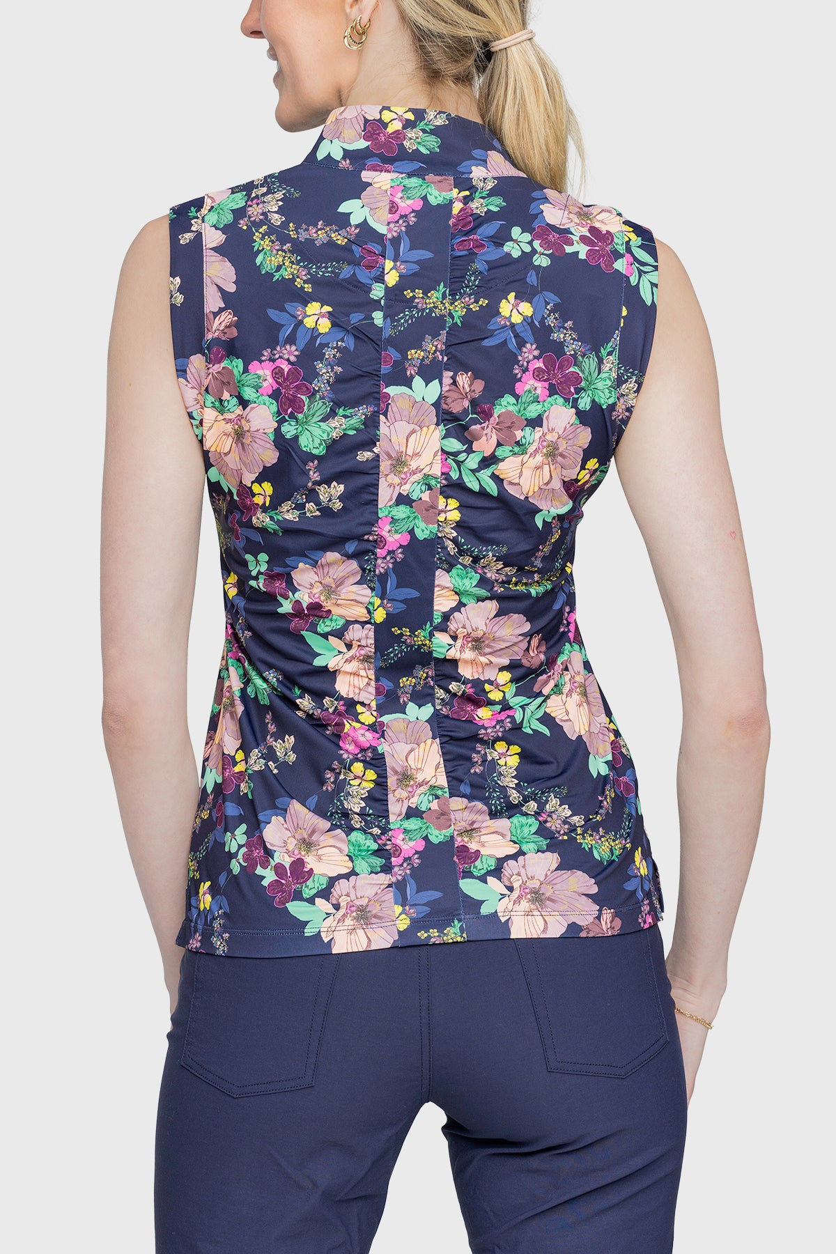 Ruched Back Lush Garden 1/4 Zip Sleeveless Top - [Kastel]