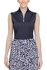 Black Lace Shoulder 1/4 Zip Sleeveless Top - [Kastel]