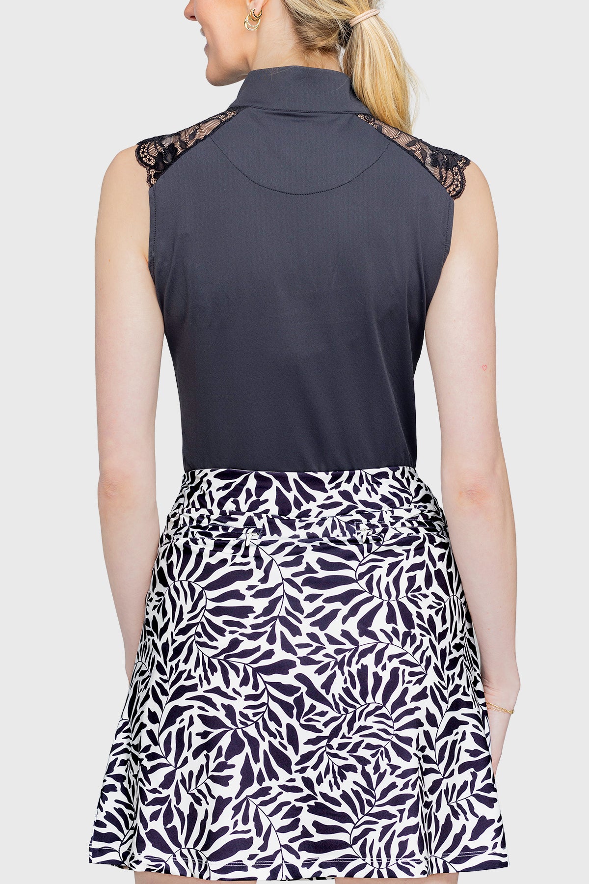 Black Lace Shoulder 1/4 Zip Sleeveless Top - [Kastel]