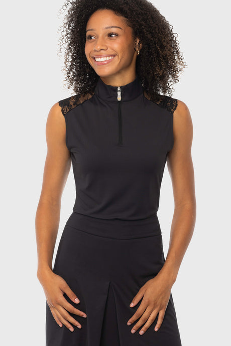 Black Lace Shoulder 1/4 Zip Sleeveless Top Kastel Denmark